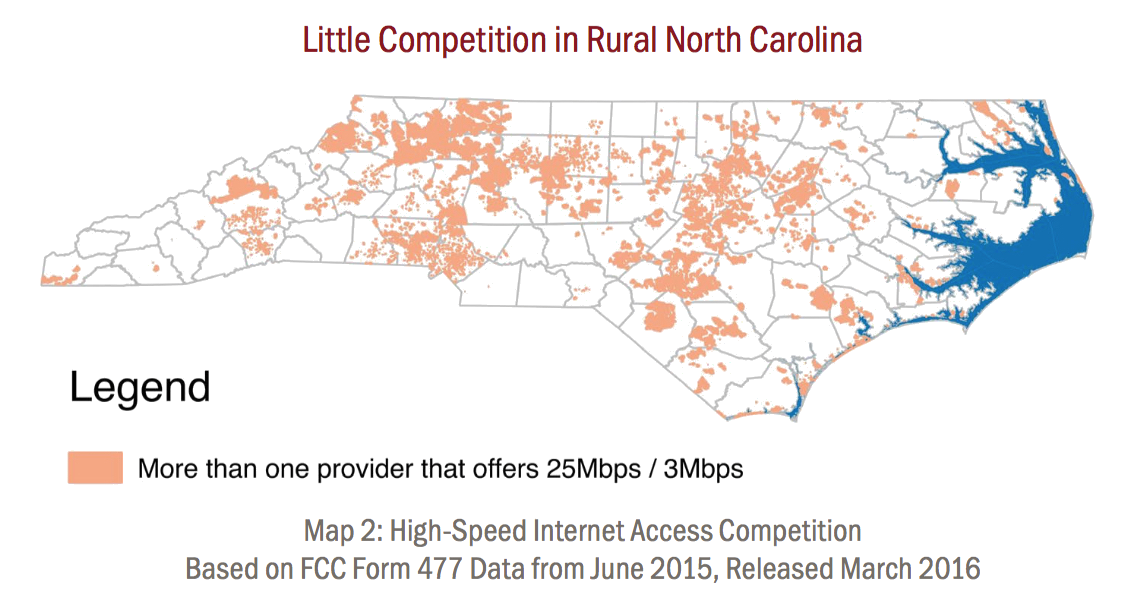 Map of access to two or more broadband providers in North Carolina
